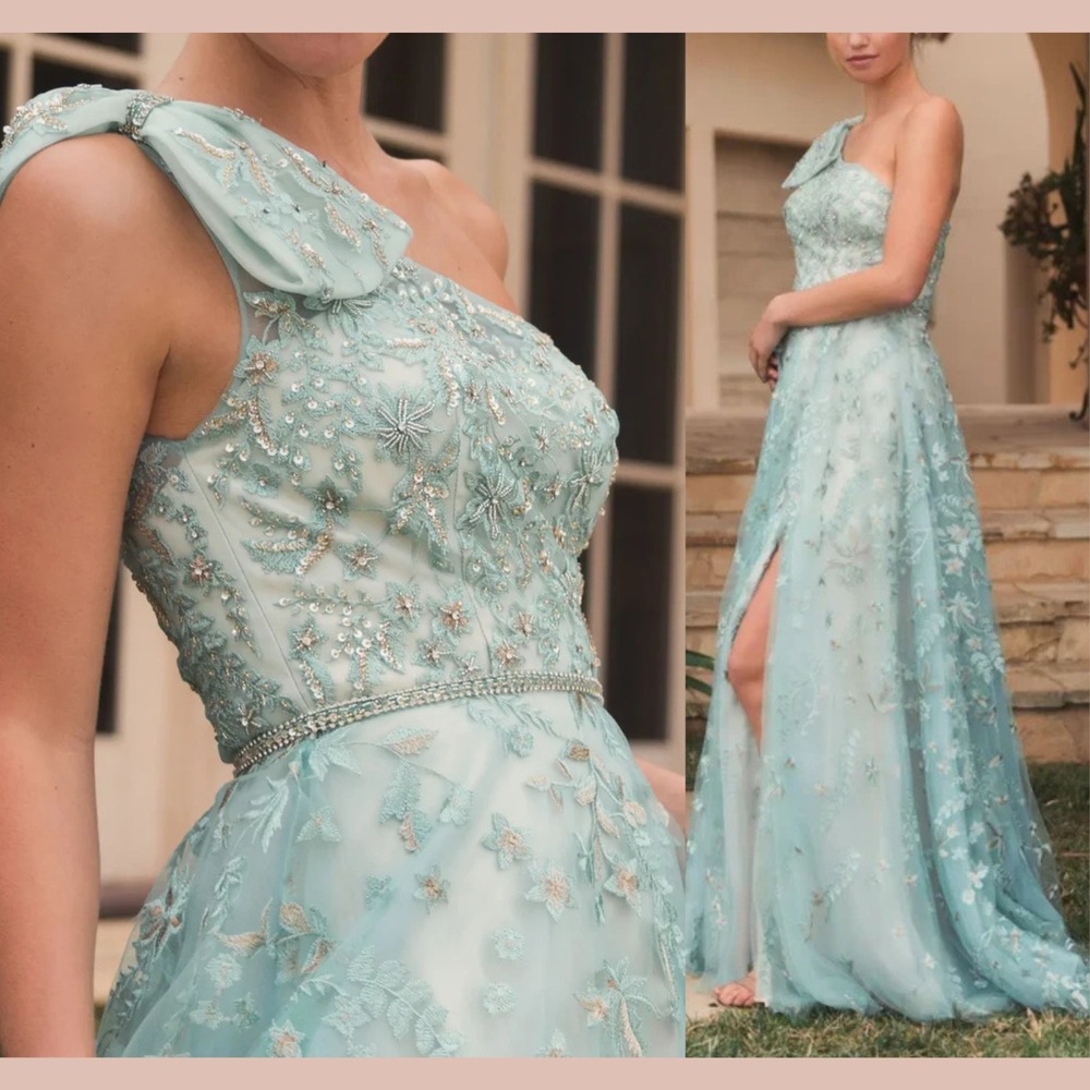 NWT Mac Duggal [ 12 ] 11177 Embellished Bow One Shoulder A-Line Gown Sage #J1823